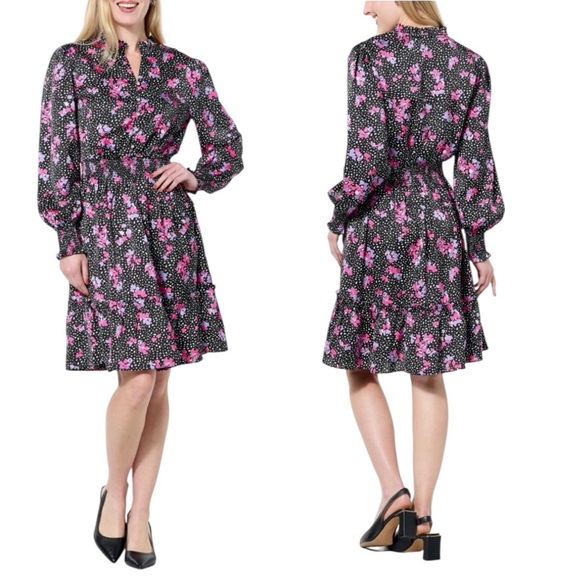 C WONDER Black w/Hearts Flowers Satin Tiered Blouson Dress Puff Sleeve V-neck L - Picture 1 of 12